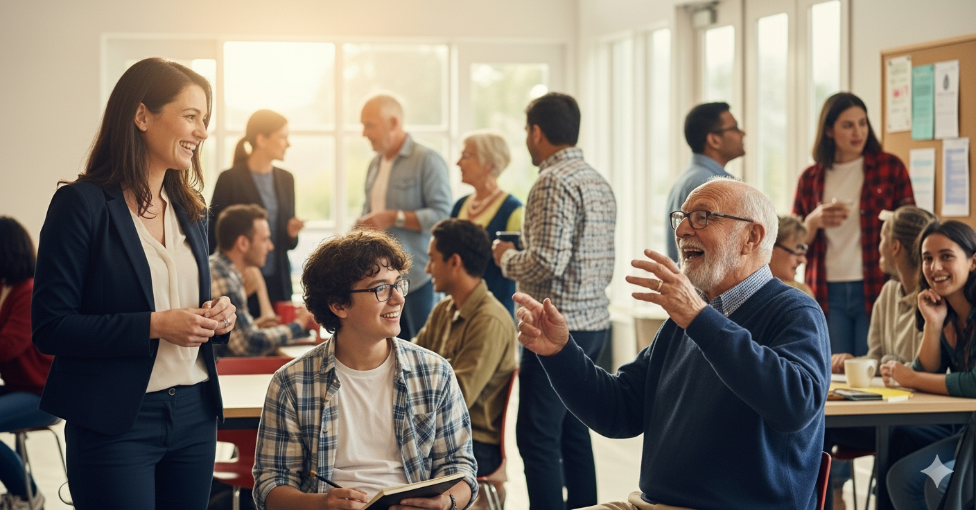 Grupo de pessoas diversas interagindo juntas